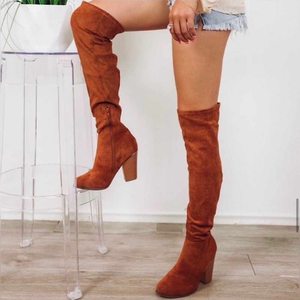 Hazel & Olive Boutique Camel Suede Over the Knee Boots 7.5